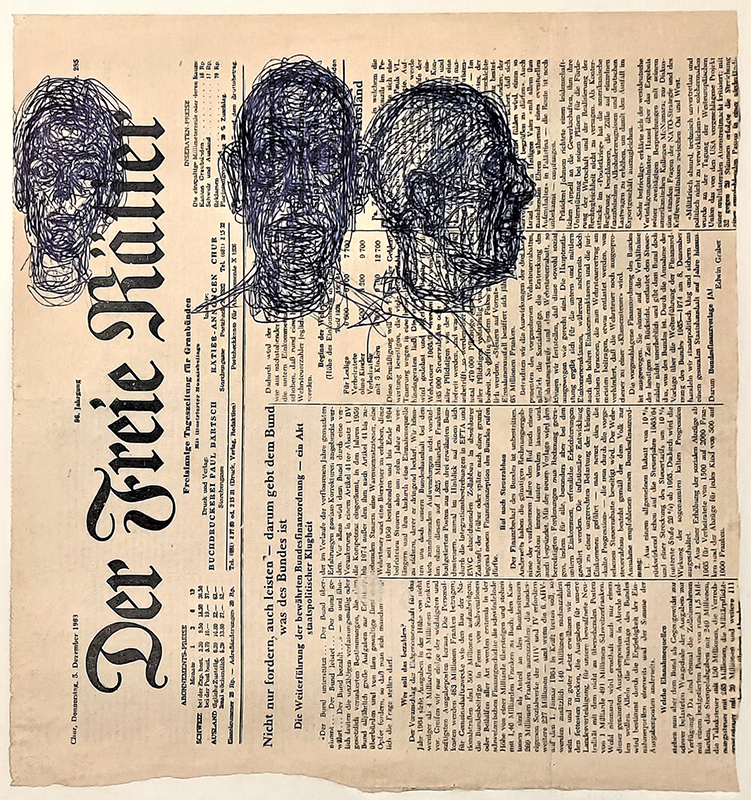 Artist: Giacometti Alberto, ballpoint pen drawing on newspaper, 33,1x33,2 cm